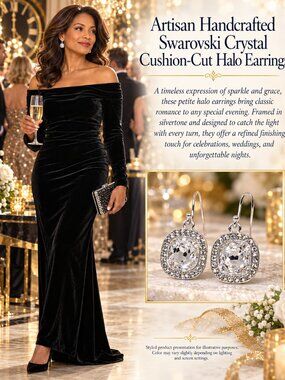 Artisan Handcrafted Swarovski Crystal Cushion-Cut Halo Earrings - 1 1/2 Inches